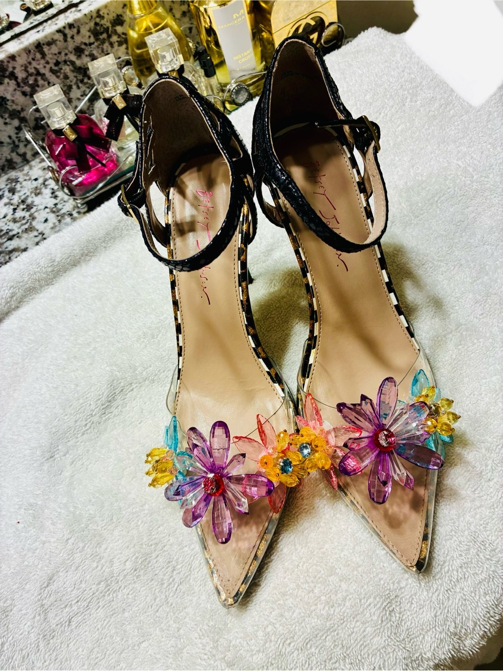Betsey Johnson Multicolor Clear Crystal Flower Pointed-Toe Ankle Strap Heels